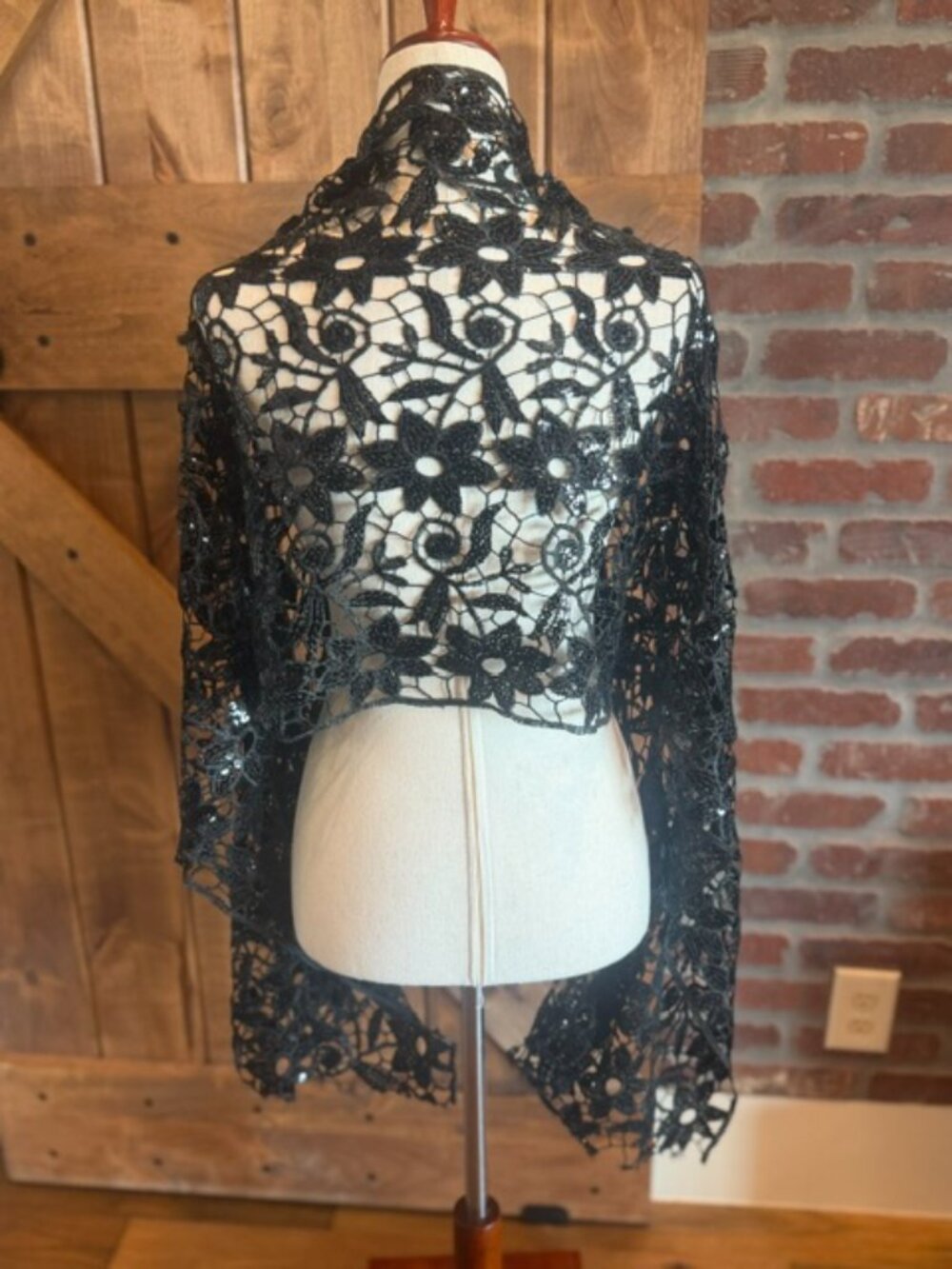 Black Sequin Floral Lace Scarf Wrap Shawl Boho Evening Festival 22x78 - Picture 2 of 8